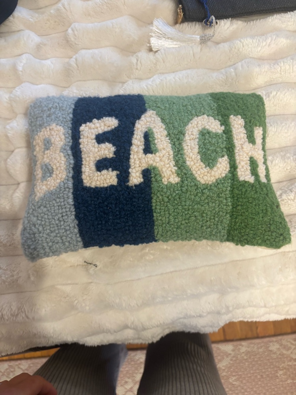 Novara 'BEACH' Striped Blue and Green Hooked Accent Pillow